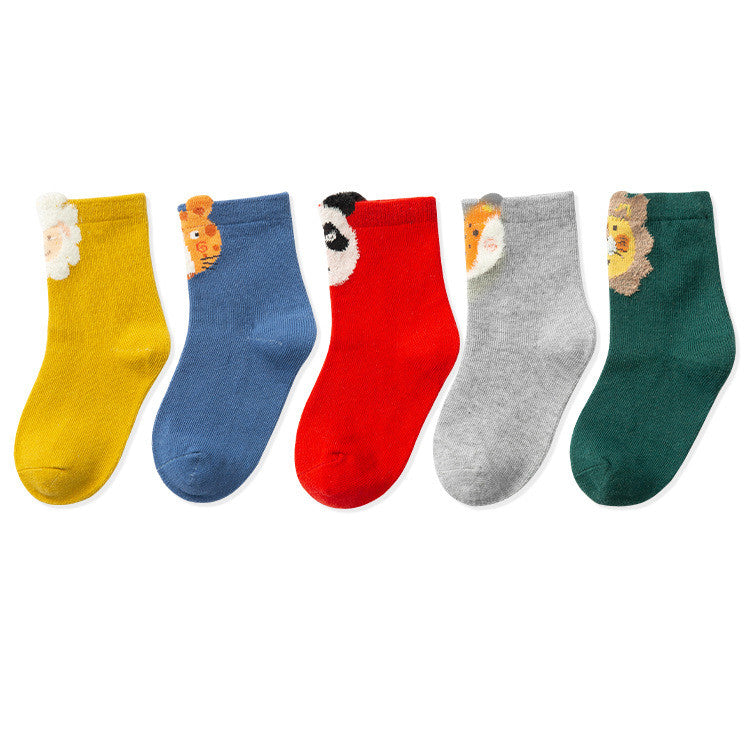 Children’s animal-themed tube socks in yellow, blue, red, gray, and green