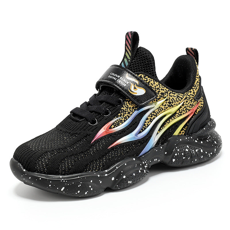 Black mesh boys sneakers with yellow flame stripe and speckled rubber sole