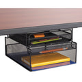 Black steel mesh hanging organizer with drawer and three compartments