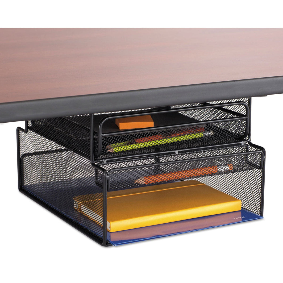 Black steel mesh hanging organizer with drawer and three compartments