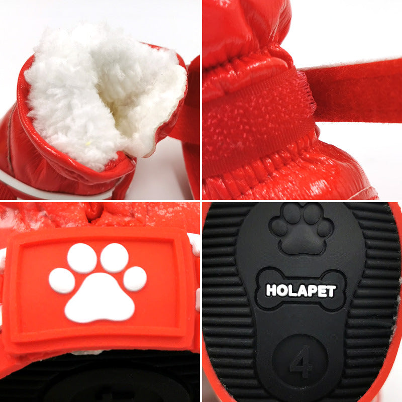 Red pet ski boots with plush lining; black outsole shows HOLAPET logo and paw mark
