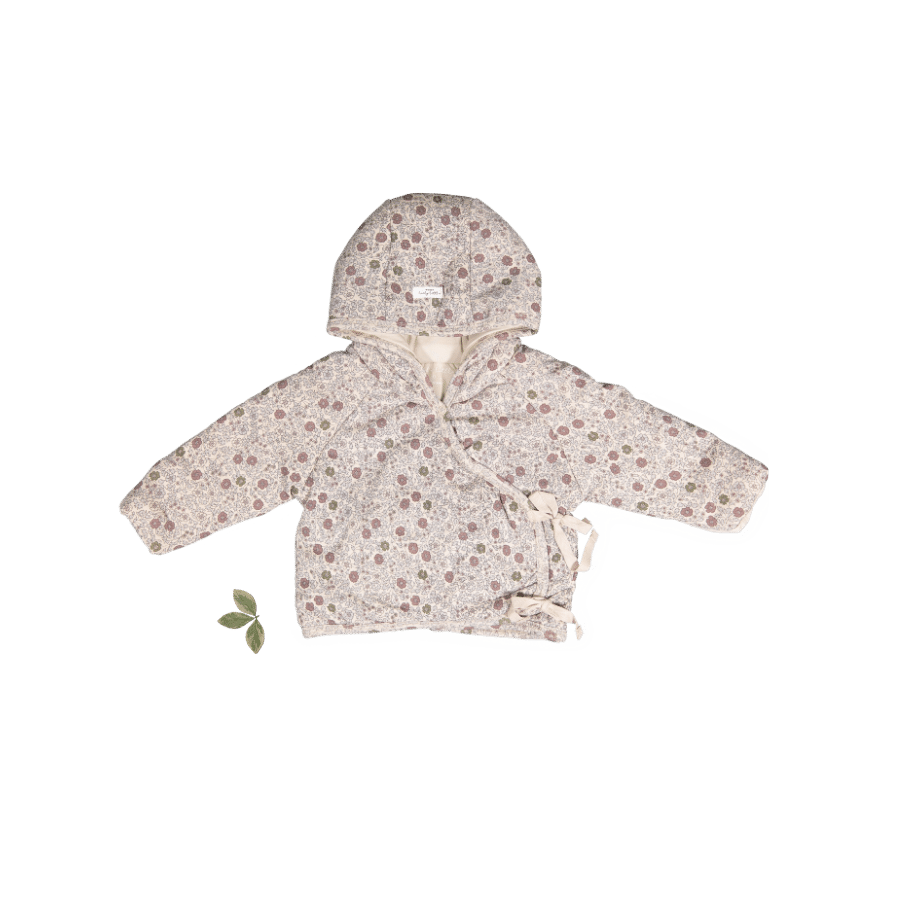 Baby hooded jacket, light beige floral print with sherpa lining and zip front