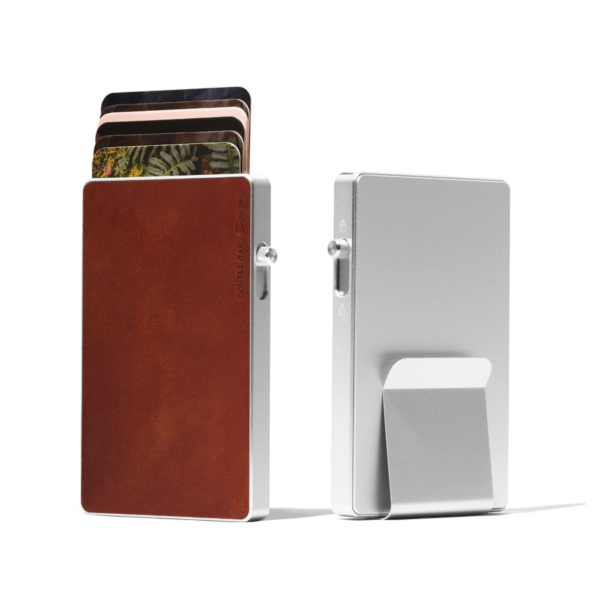 Mod wallet with brown leather cardholder and patterned card pocket, silver cash case