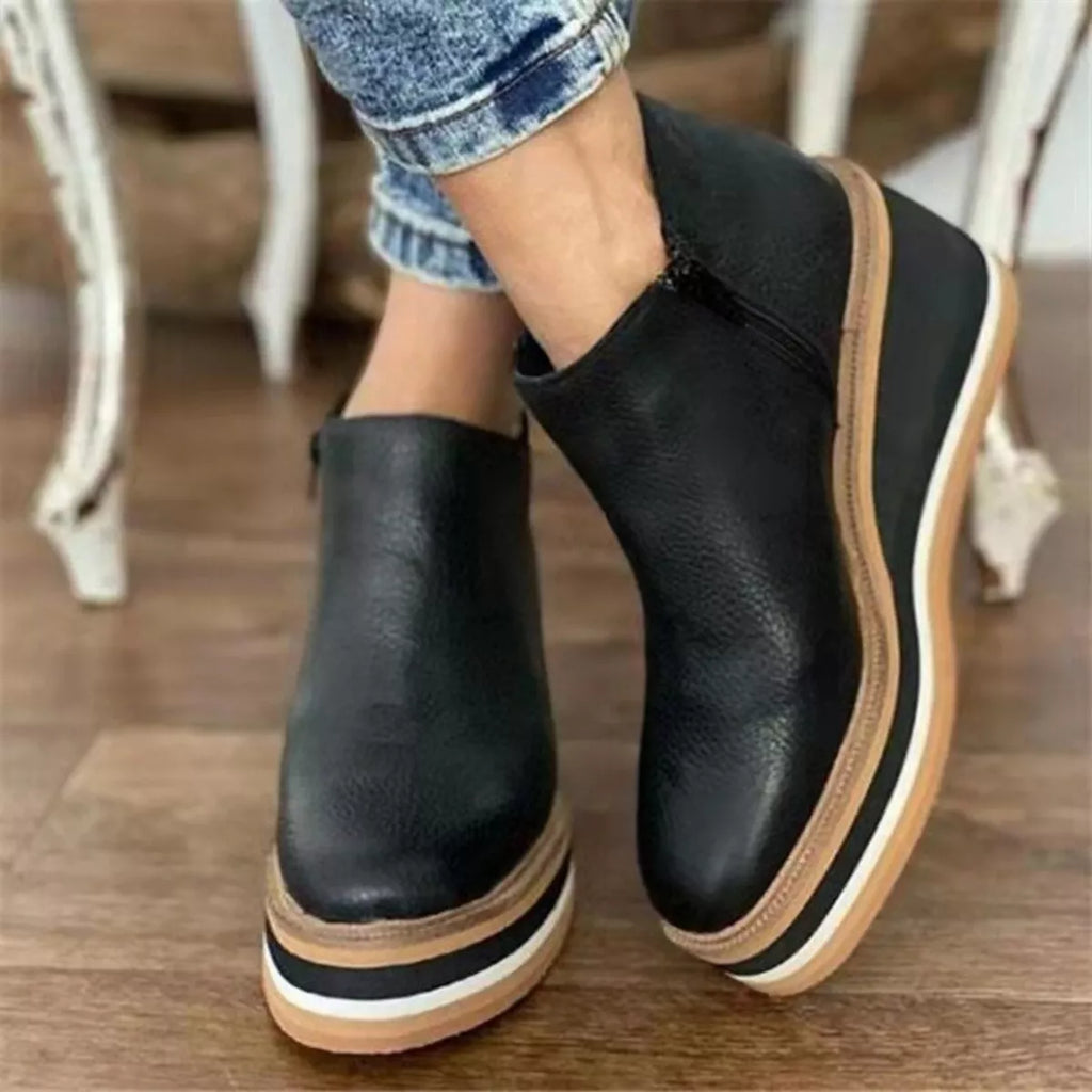 Black ankle wedge boots with side zipper and contrast striped outsole