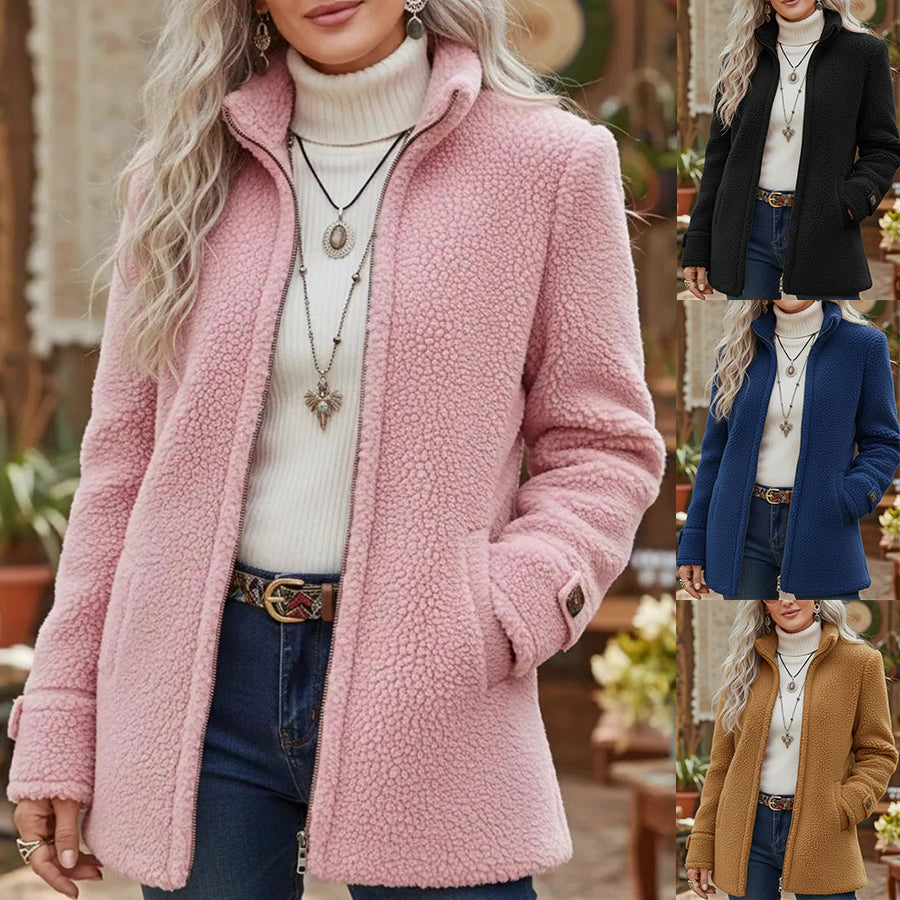 Women's pink fleece zip-up jacket with stand collar, long sleeves
