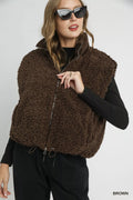 Brown sherpa-lined zip vest with drawstring hem, front zip and stand collar