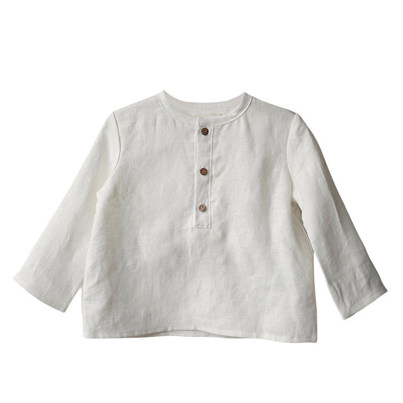 White cotton-linen boys long-sleeve shirt with half-open collar and front button placket