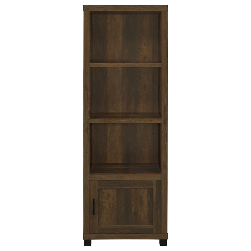 Dark pine media tower with three shelves and lower cabinet with metal handle