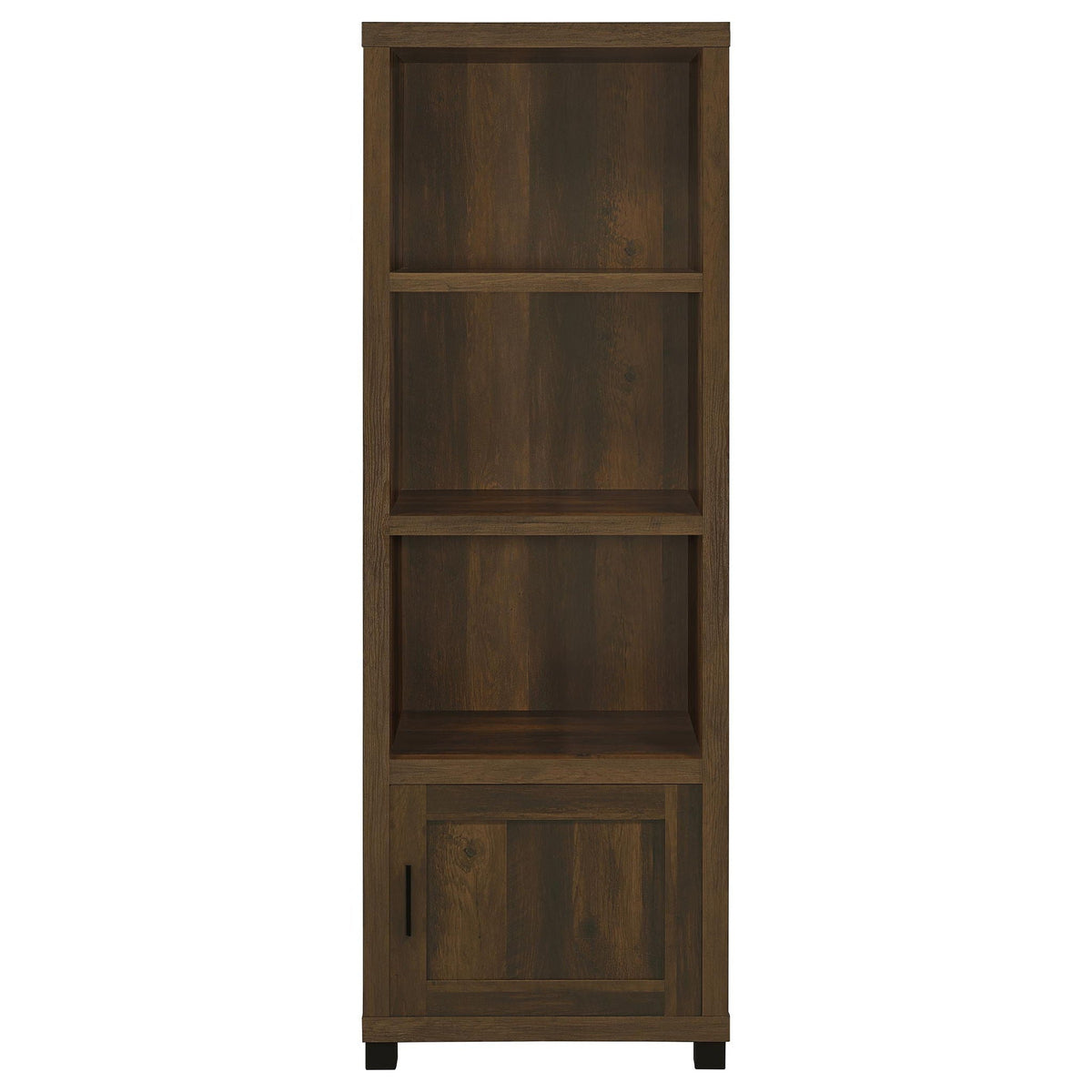 Dark pine media tower with three shelves and lower cabinet with metal handle