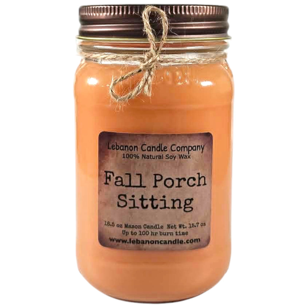 Fall Porch Sitting soy wax candle in amber glass jar with twine tied lid