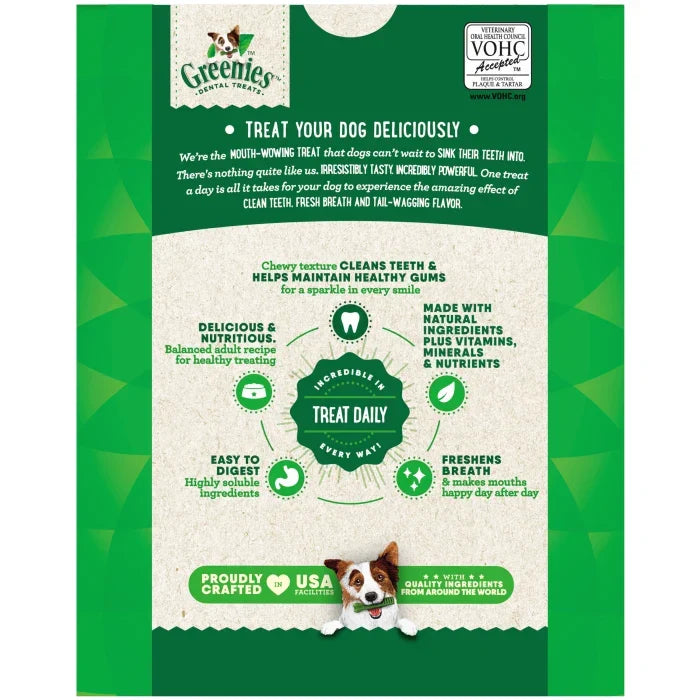 GREENIES Original Regular dental treats box back with ingredients and feeding info