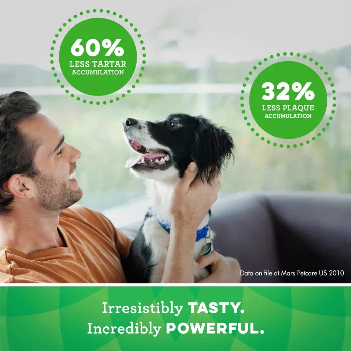 Dog dental care ad with man, 60% less tartar and 32% less plaque icons