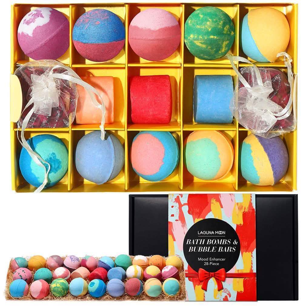 28-piece bath bomb and bubble bar set with colorful bath fizzers in a gift box