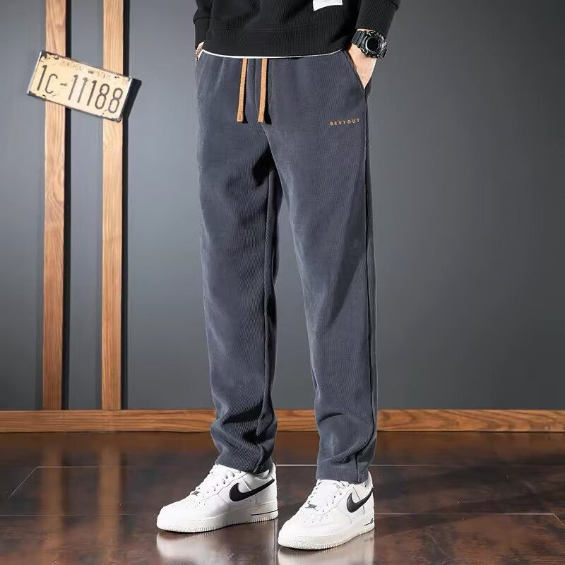Men's straight-leg corduroy pants, blue-gray, drawstring waist, straight legs