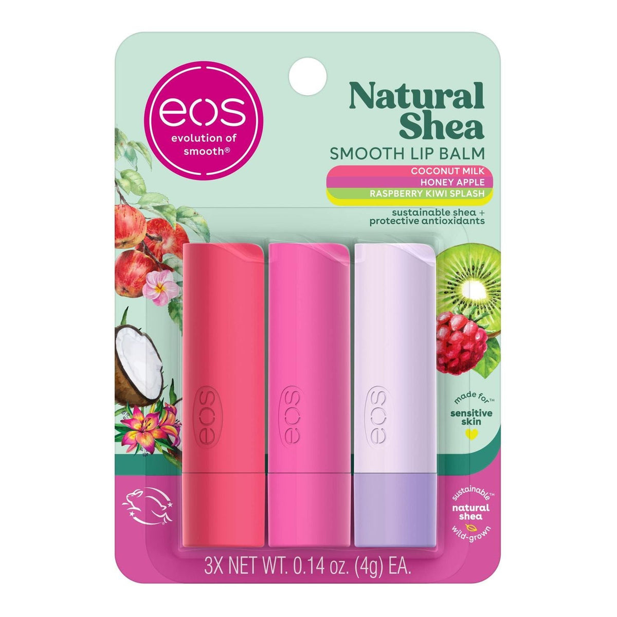eos Natural Shea smooth lip balm set, three tubes in pink and white, 0.14 oz each