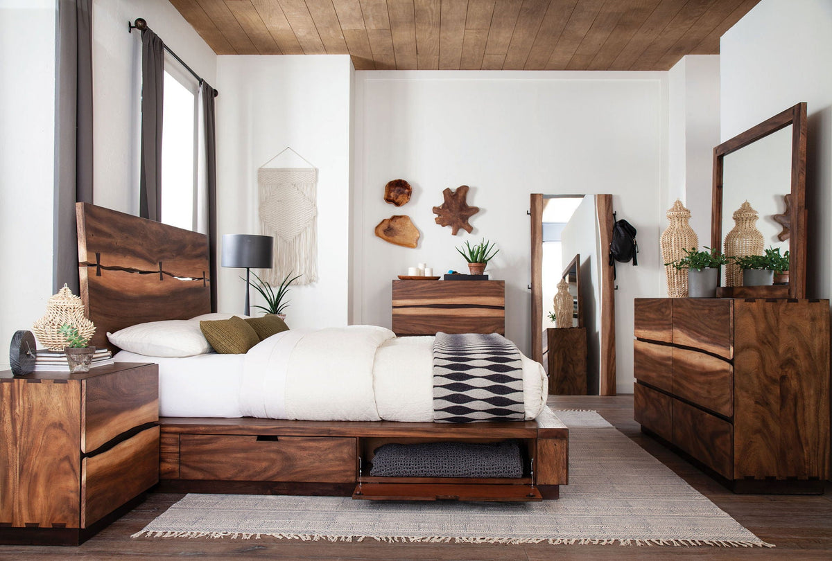 Smokey walnut queen bed with two panel headboard and matching nightstands