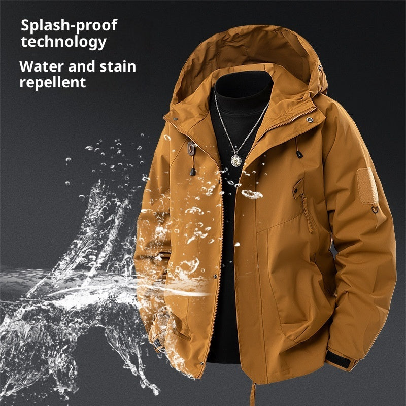 Hooded waterproof cargo jacket, khaki brown with zip front, flap pockets, adjustable drawcord.