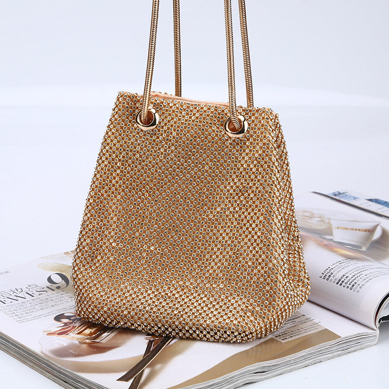 Gold crystal beaded clutch bag with double chain handles