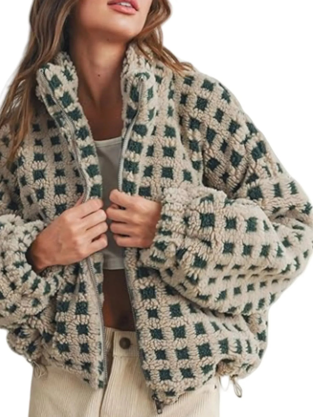Army green plaid sherpa zip-up jacket with stand collar and textured grid pattern