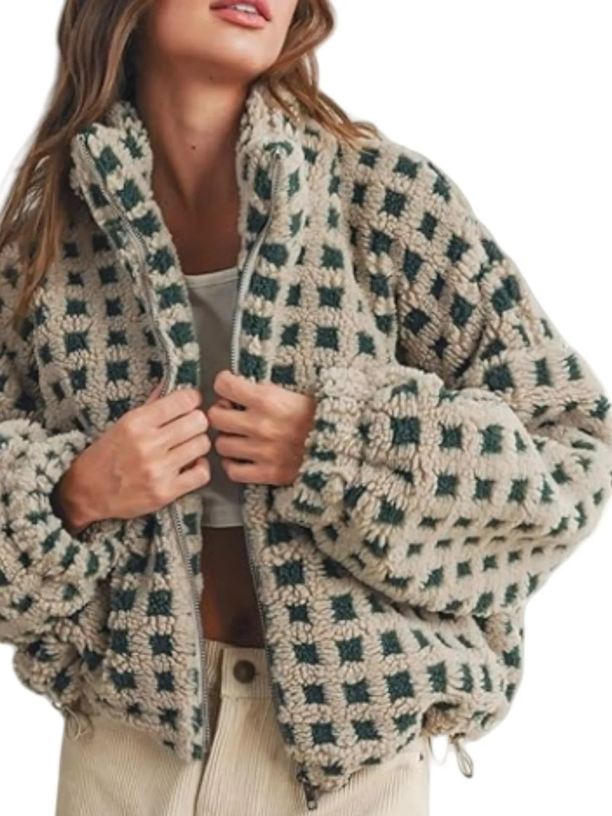 Army green plaid sherpa zip-up jacket with stand collar and textured grid pattern