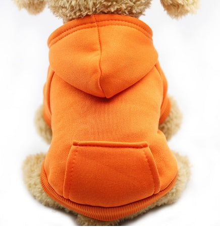 Orange dog hoodie sweater with hood and front pocket, ribbed trim