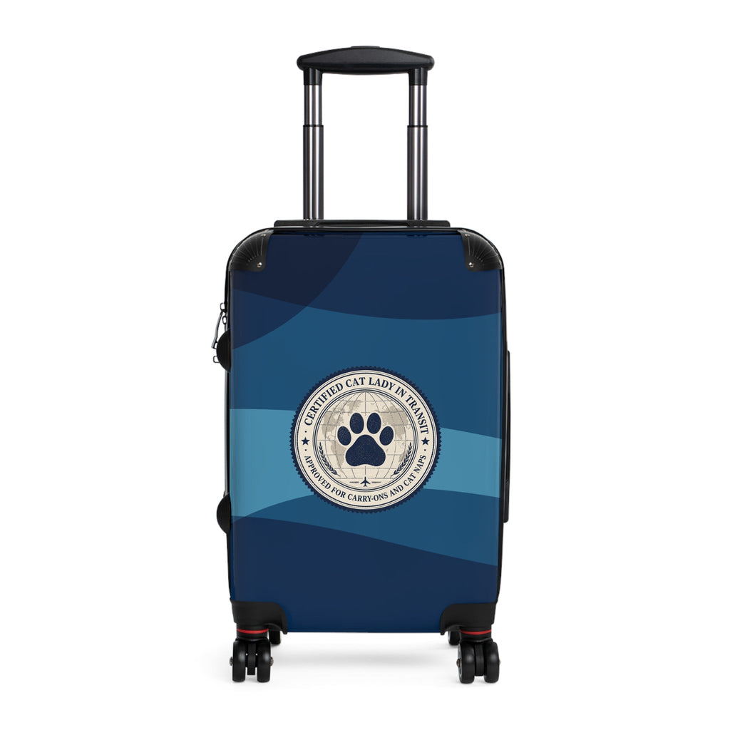 Blue hard-shell suitcase front view with paw seal and retractable handle