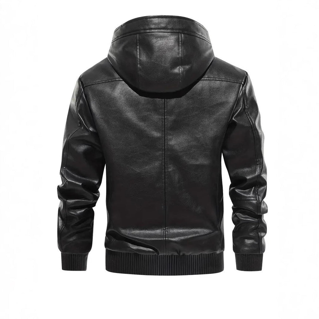 Men's black hooded leather coat with fleece lining, ribbed hem and cuffs