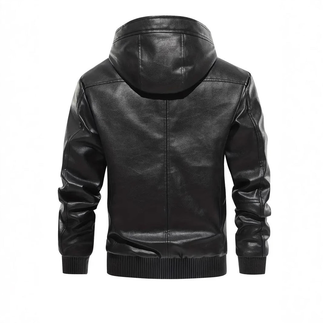 Men's black hooded leather coat with fleece lining, ribbed hem and cuffs