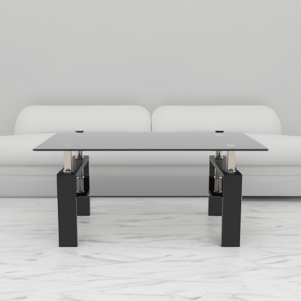Black and clear glass rectangular coffee table with four chrome-capped legs