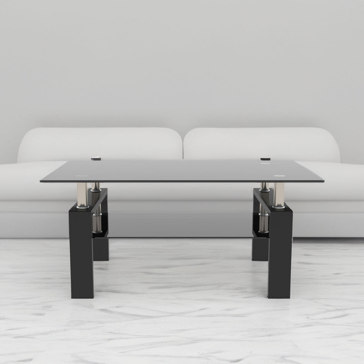 Black and clear glass rectangular coffee table with four chrome-capped legs