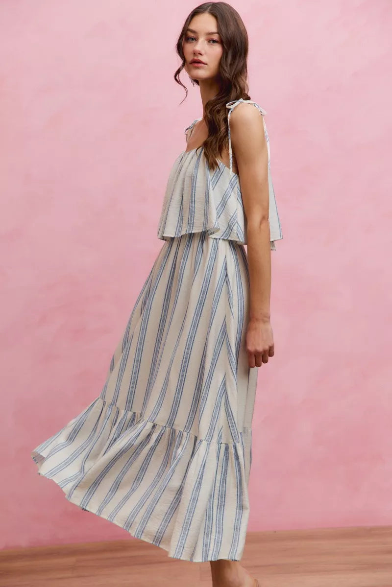 Blue-and-white striped tiered shoulder midi dress with ruffle layers and square neckline