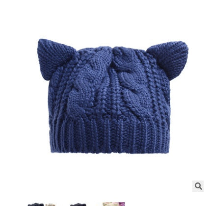 Women’s knitted cat-ear beanie hat, deep blue with cable-knit and ribbed brim
