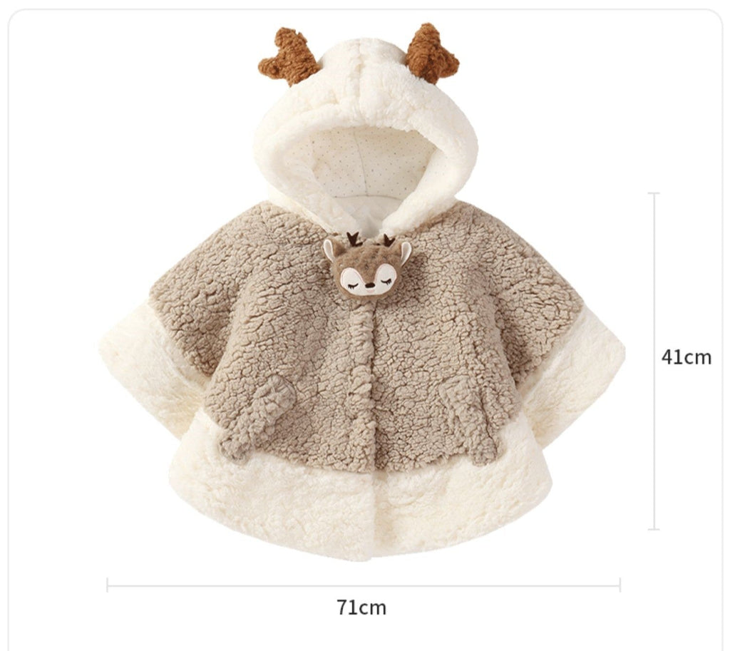 Taupe and cream hooded plush cape with bunny ears hood and rabbit face patch