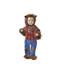 Infant wolf costume in faux-fur hood with ears, red plaid top, blue pants with dark patches
