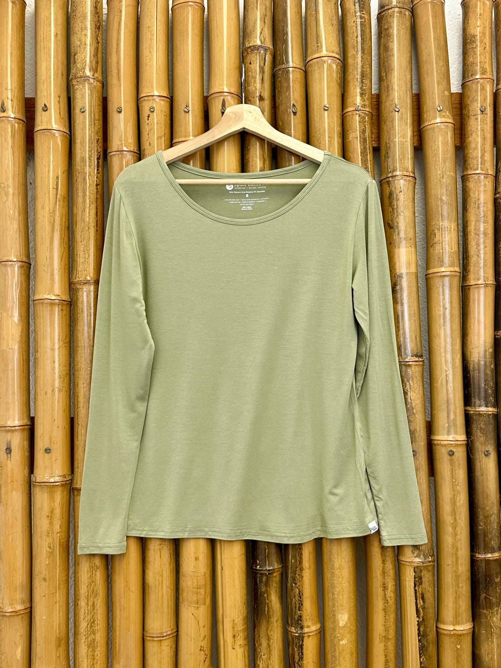 Sage green long-sleeve lounge T-shirt for women on hanger, scoop neck