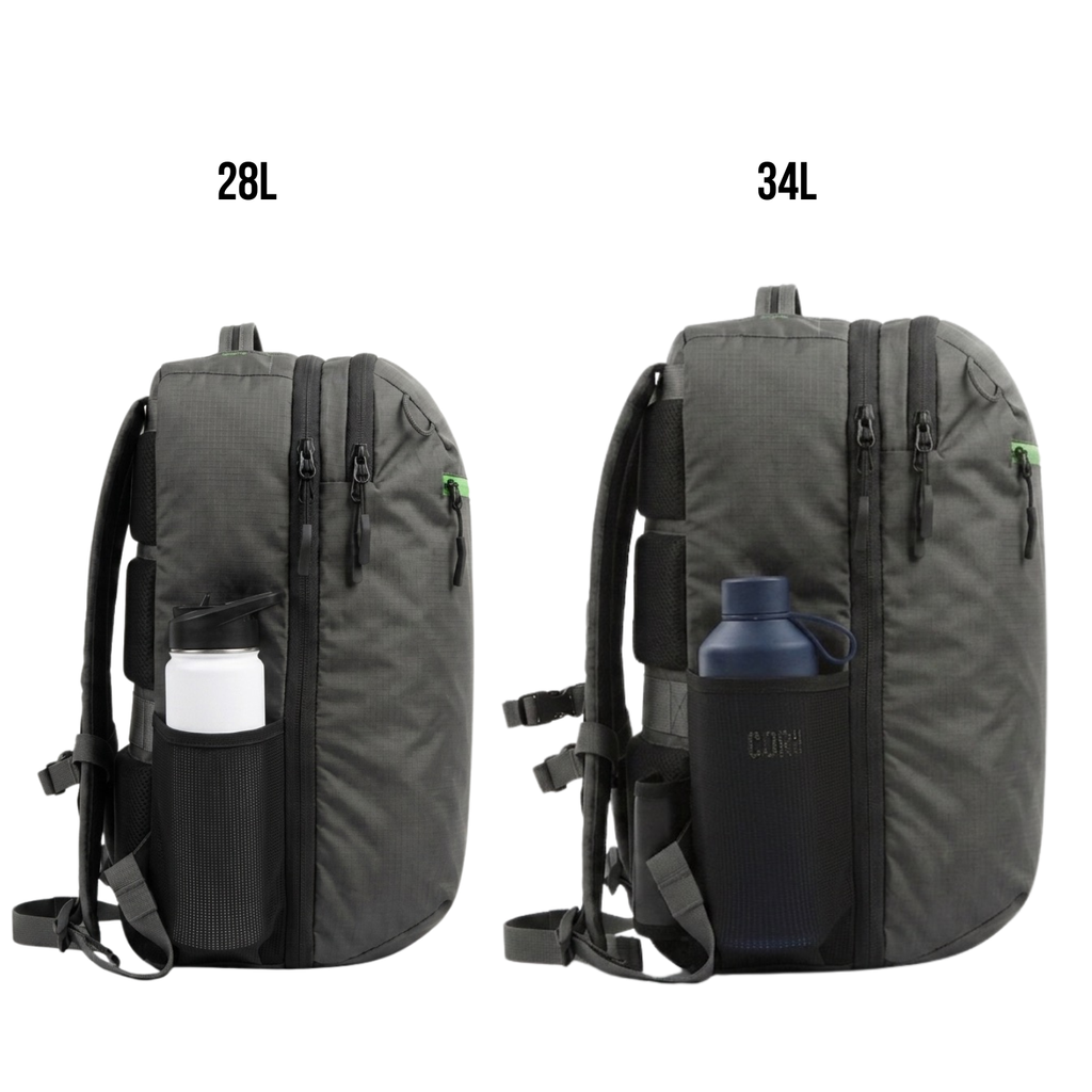 Pair of matte black travel backpacks showing 28L and 34L sizes with side storage pockets