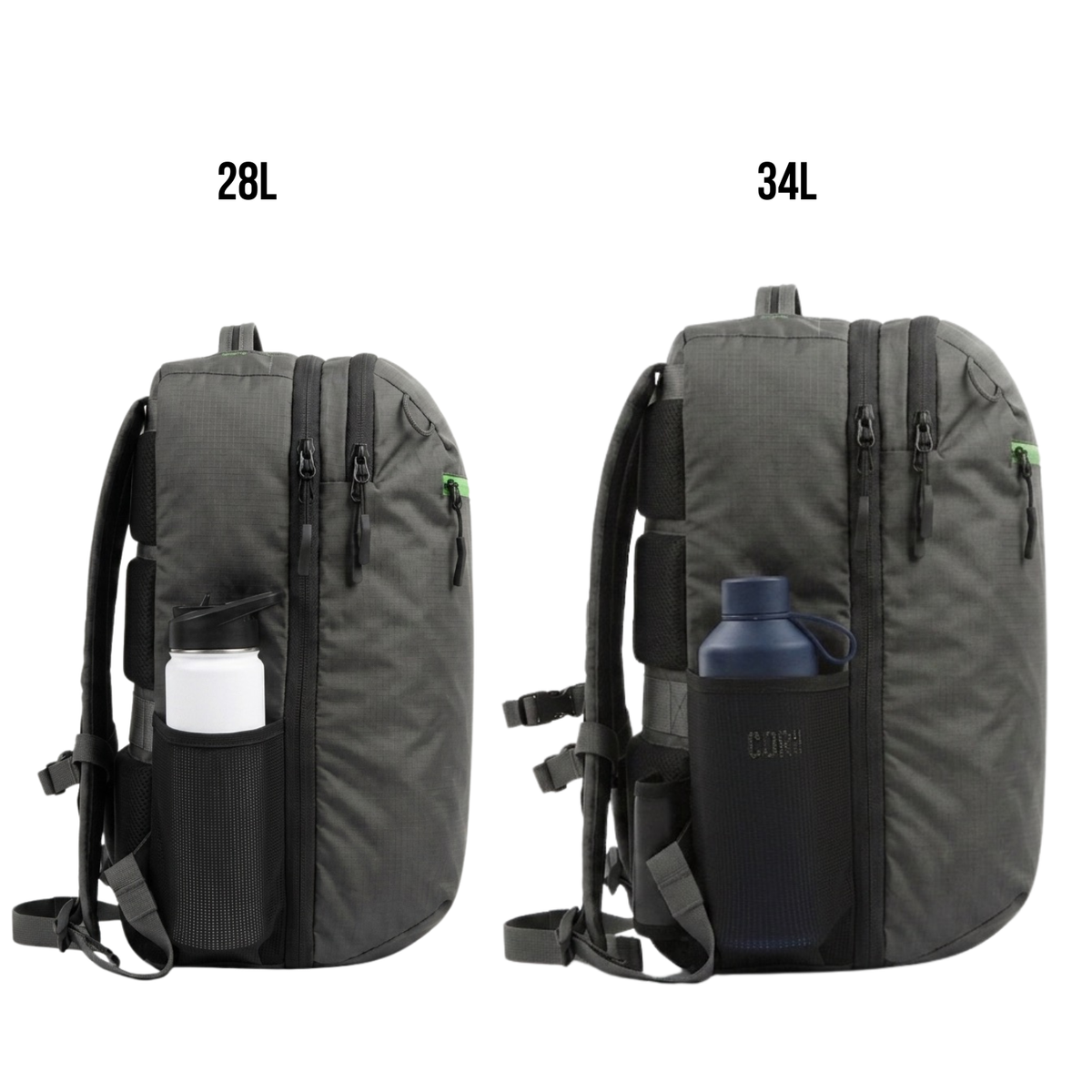 Pair of matte black travel backpacks showing 28L and 34L sizes with side storage pockets