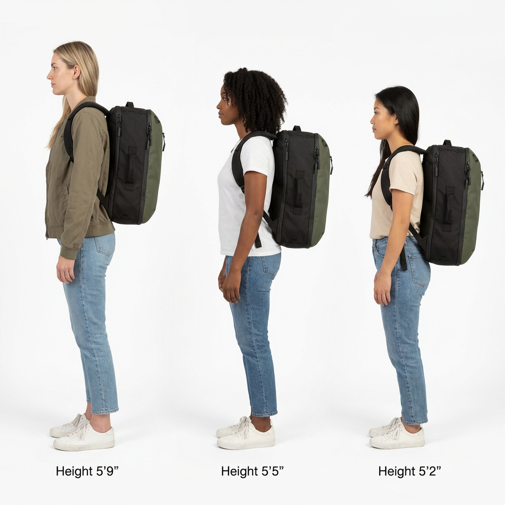 28L travel backpack worn by three people, side profiles show adjustable shoulder straps