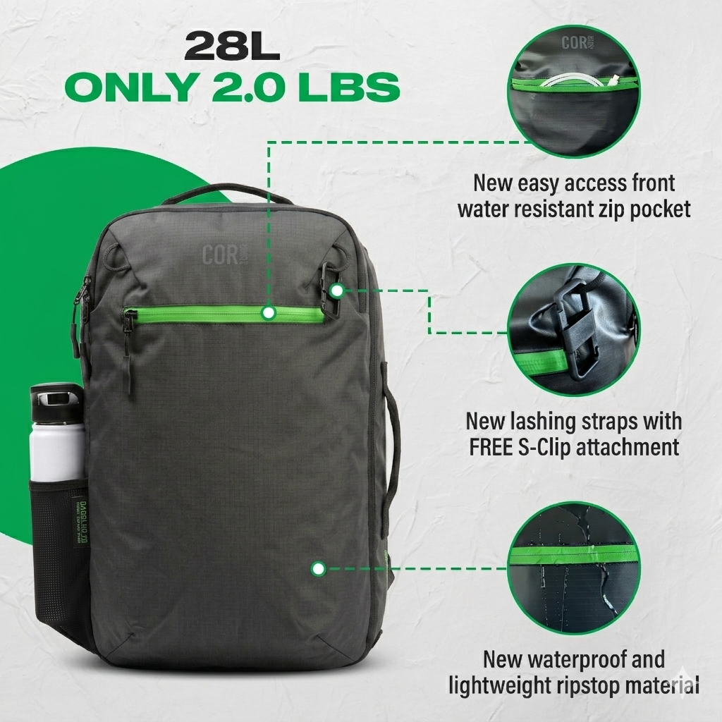 28L travel backpack front view with green zipper rail and top water-resistant zip pocket