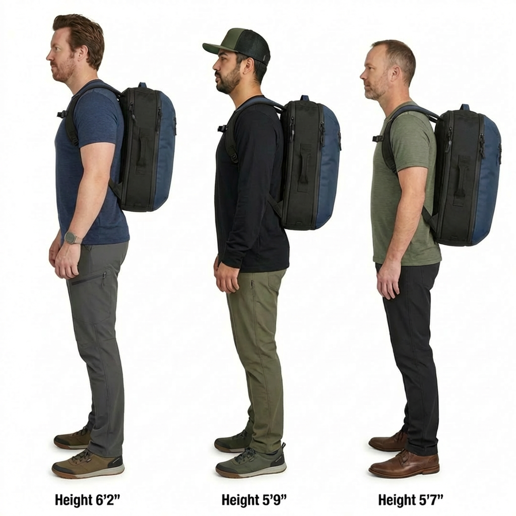 28L travel backpack worn by person, side view showing side pocket and shoulder straps
