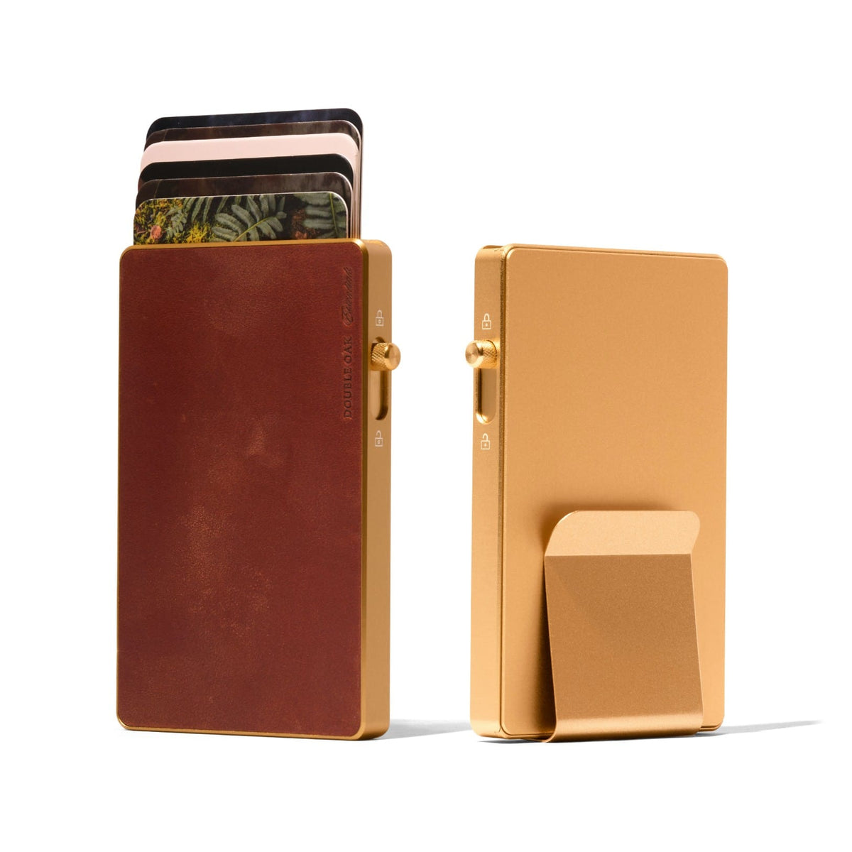 Mod wallet with brown leather cardholder and gold metal cash case