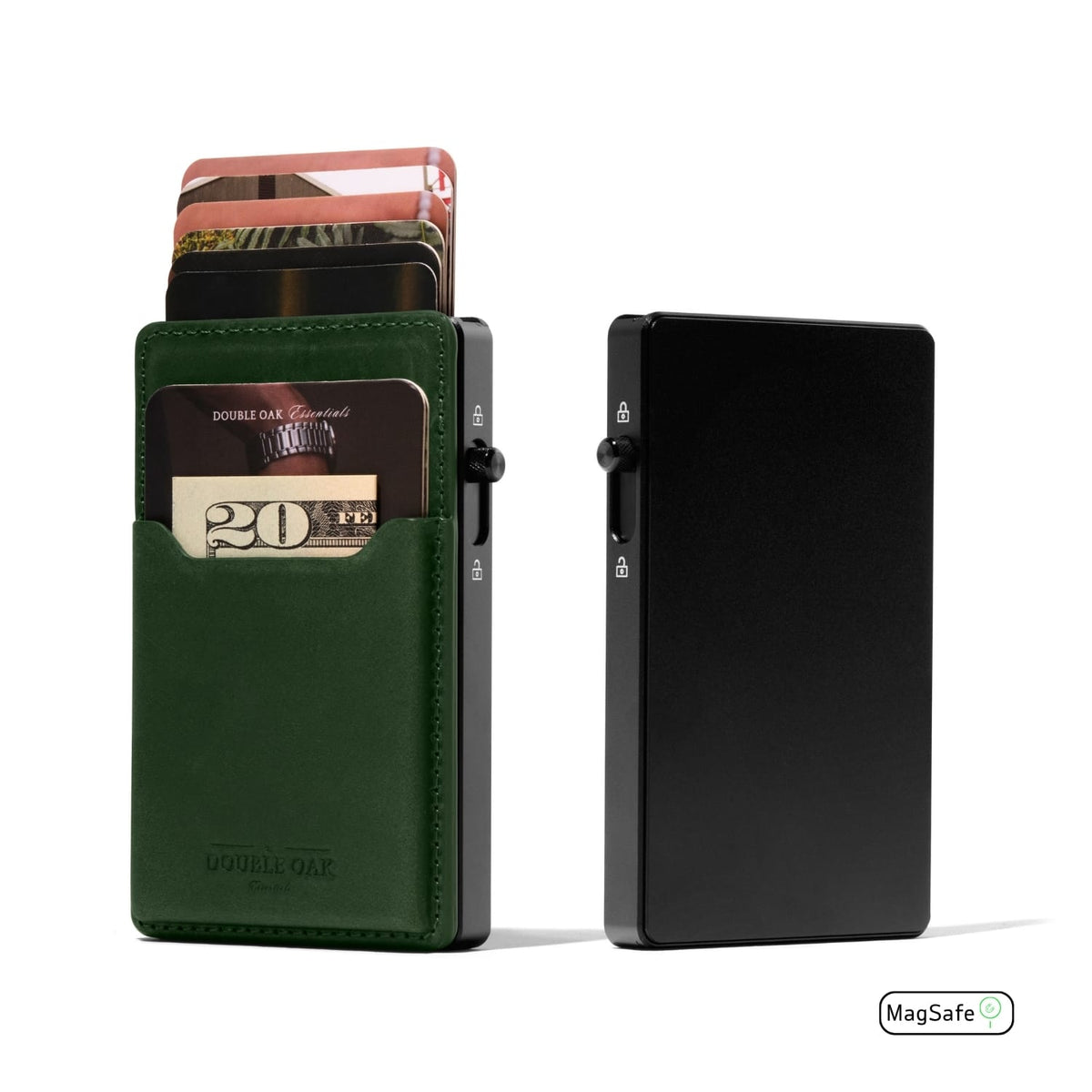 Mod wallet with green leather front and black metal back plate, side view