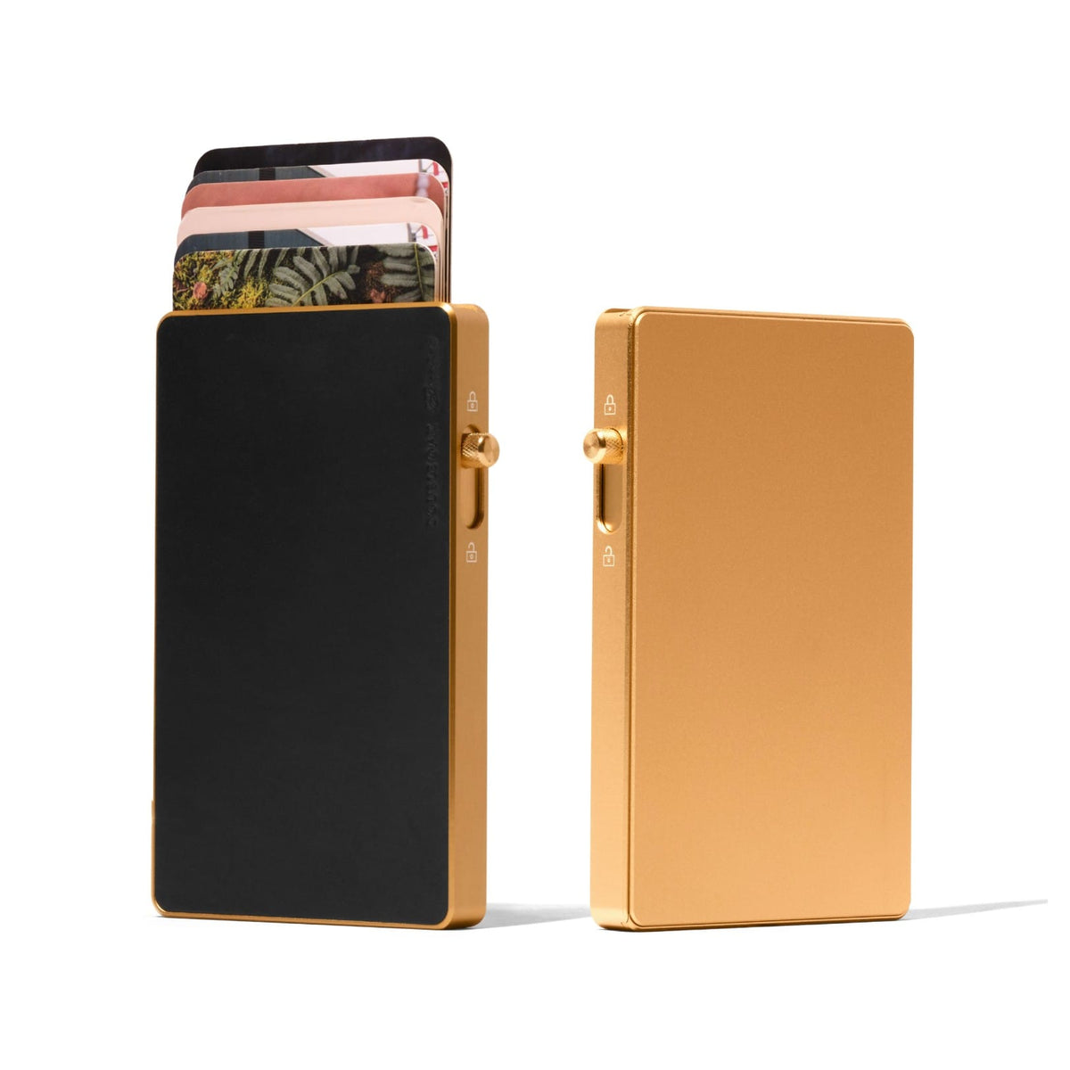 Black leather mod wallet with gold-tone metal frame and card slots