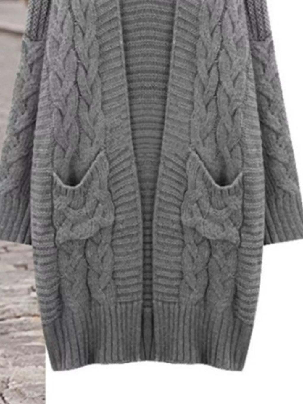 Heather grey chunky knit open-front cardigan with cable-knit pockets and long sleeves