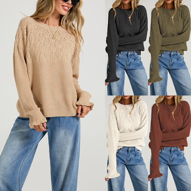 Assorted womens crew-neck sweaters in beige, black, green, cream, and rust colors