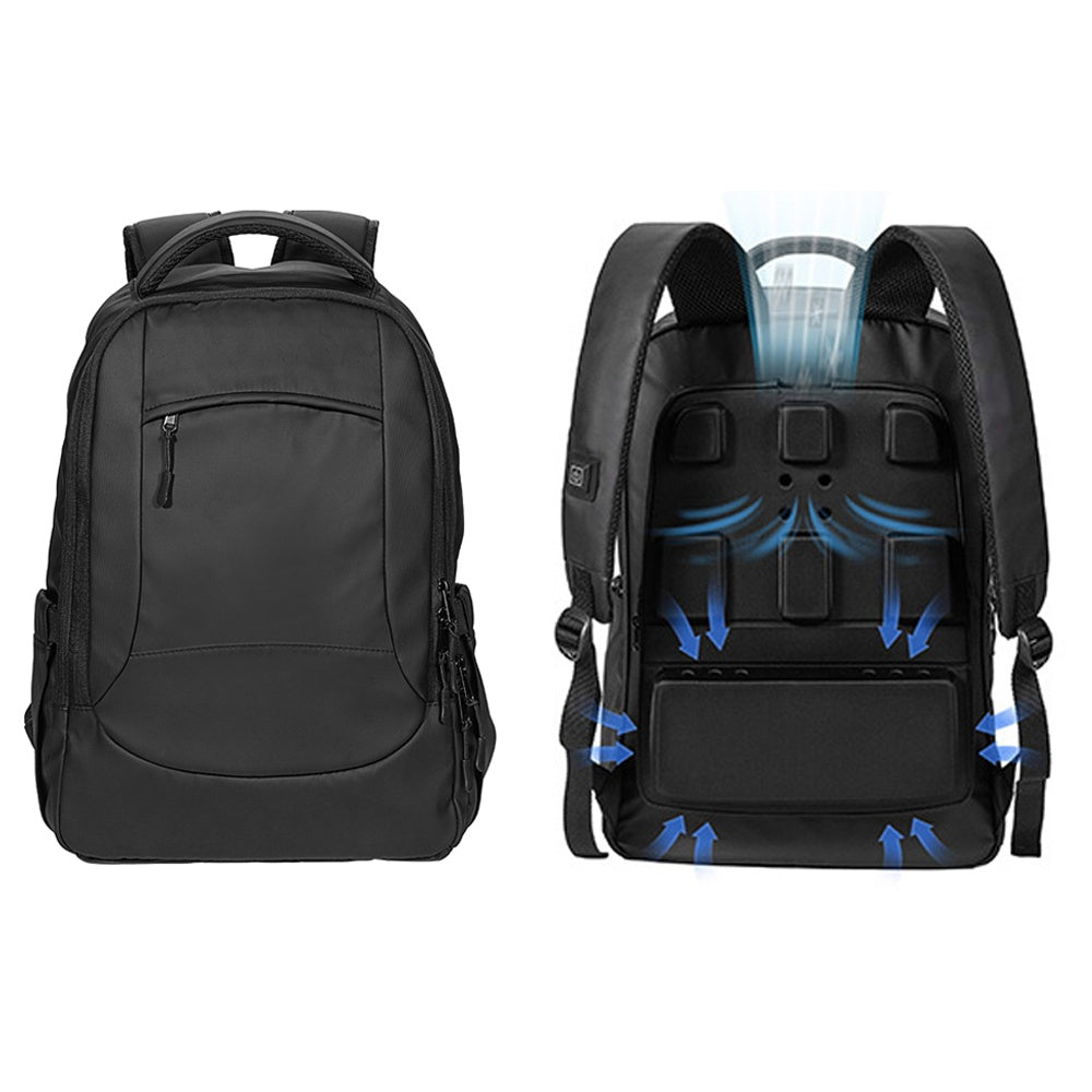 Black cooling backpack with padded straps, front zip pocket, and multi-compartment storage