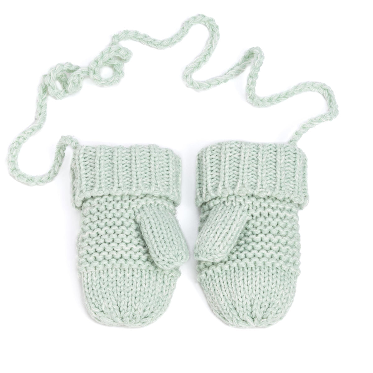 Pastel mint knit chick mittens, back view with cord ties