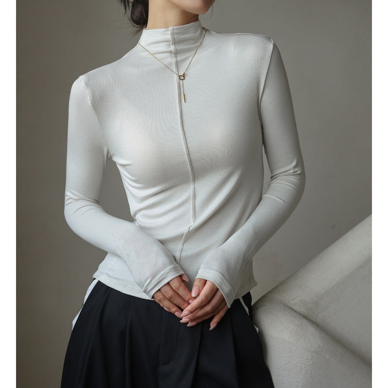 Women’s modal half-turtleneck top with front zip, long sleeves, light gray-white
