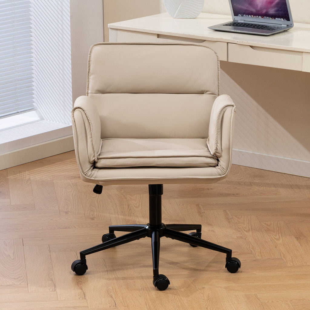 Beige swivel desk chair with cushioned seat and back, armrests, and caster base