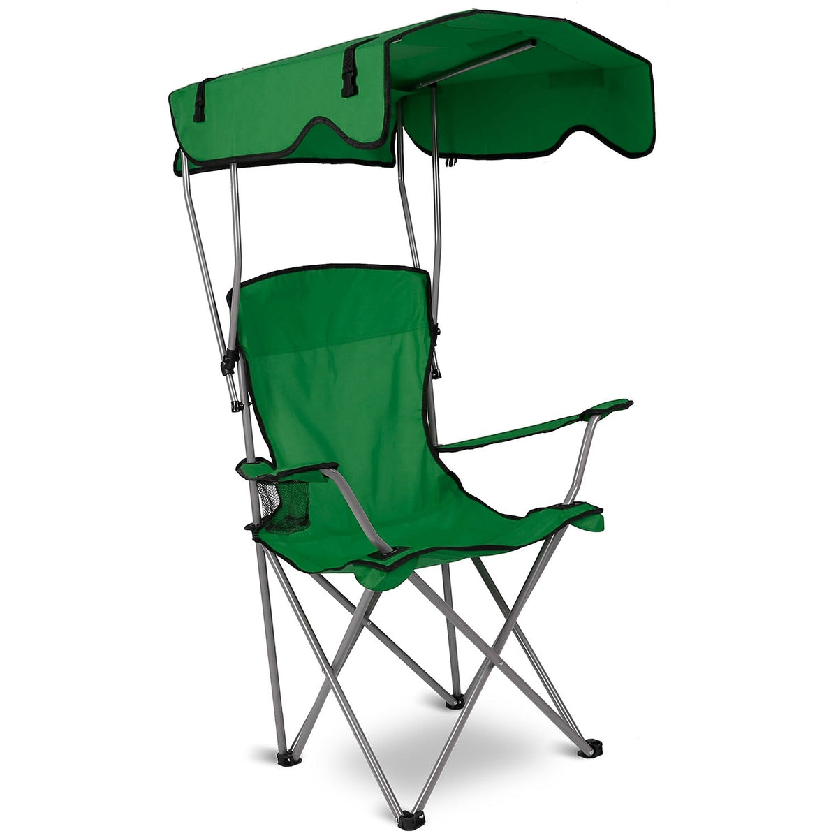 Green folding beach canopy chair with armrests and side sunshade panels